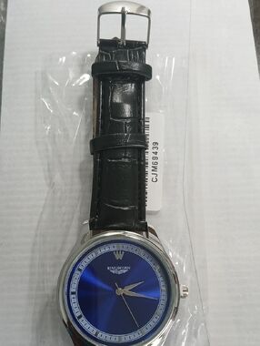 Men's Black Leather Strap Watch with Blue Dial